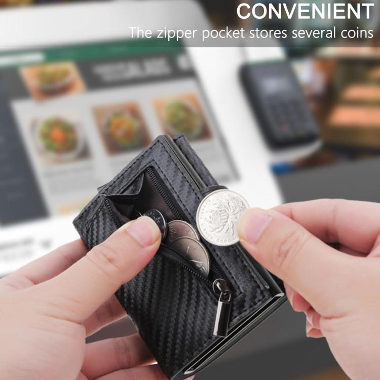 Black carbon fiber RFID wallet with zipper coin pocket and coin compartment