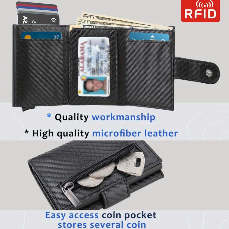 Black carbon fiber RFID wallet open, showing coin pocket and card slots with money clip
