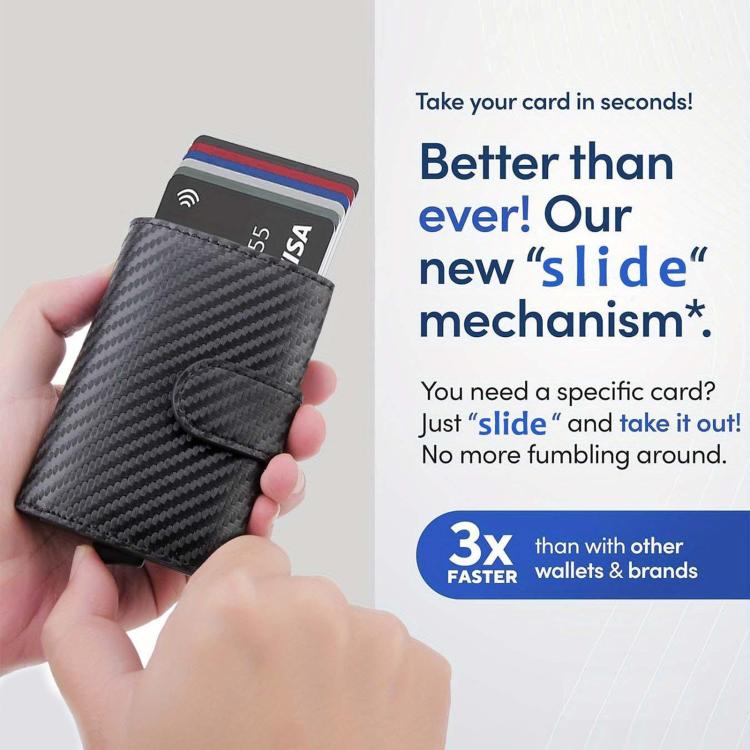 Black carbon fiber RFID pop-up card wallet with slide-style card access