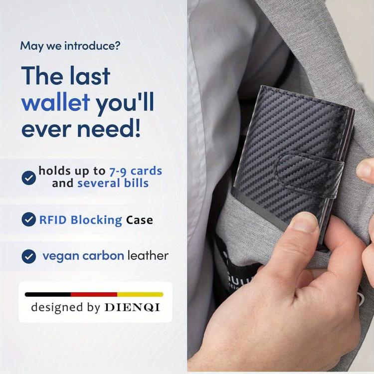 RFID blocking pop-up wallet with carbon fiber look and front strap, shown in hand