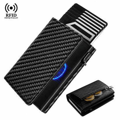 Carbon fiber slim card holder with RFID blocking, pop-up card tray, and coin pocket