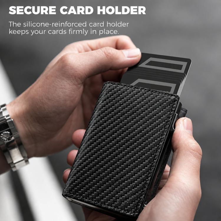 Carbon fiber slim RFID wallet with snug card sleeve and zipper coin pocket