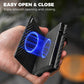 Slim RFID wallet with carbon fiber texture and blue pop-up card mechanism