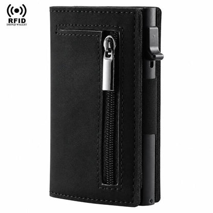Black slim card wallet with pop-up mechanism and zip coin pocket detail