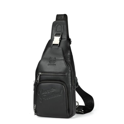 BULL CAPTAIN leather sling bag in black with front zip pocket and adjustable strap