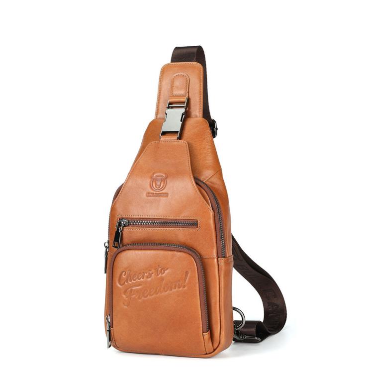 BULL CAPTAIN leather sling bag in tan-brown with front zip pocket and adjustable strap