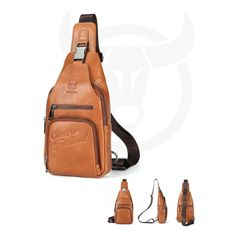 Tan leather sling bag with front zip pocket, top handle loop, and adjustable strap