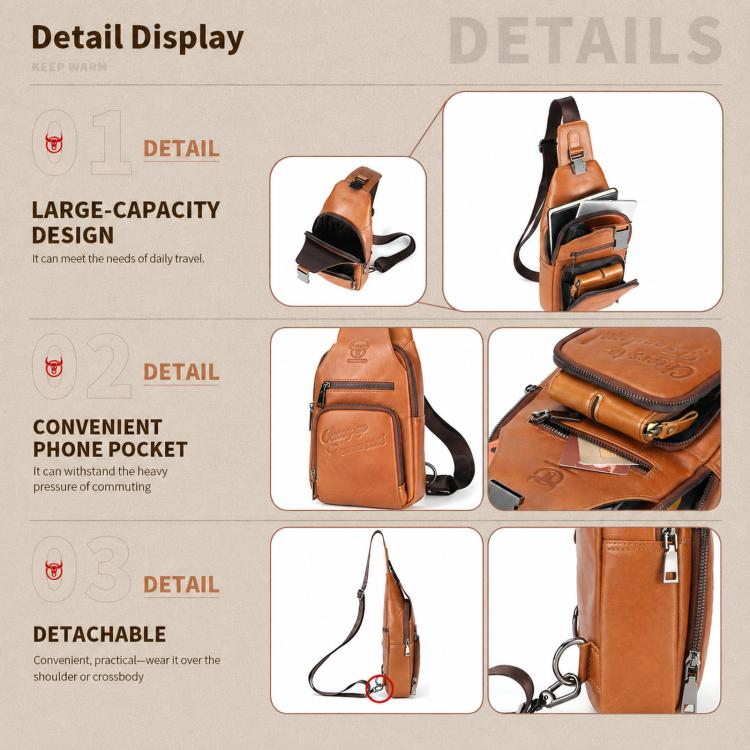 Leather sling bag detail display showing front pocket, zipper, and detachable strap