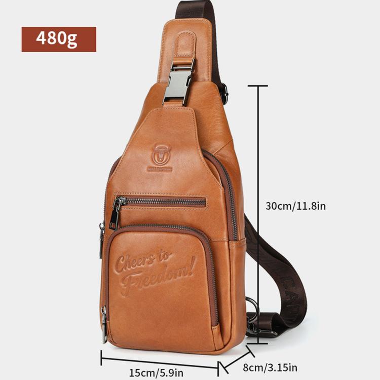 Tan leather sling bag with front zip pocket and top handle; size label 30cm