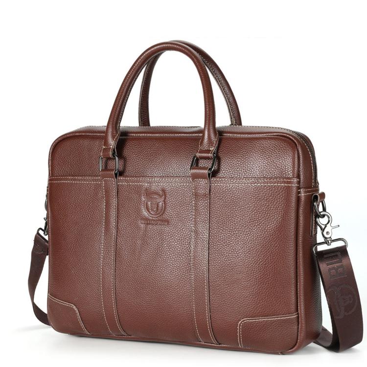 Brown leather briefcase with top handles, front pocket, and side crossbody strap