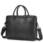 Black leather briefcase with top handles, front pocket, and side crossbody strap