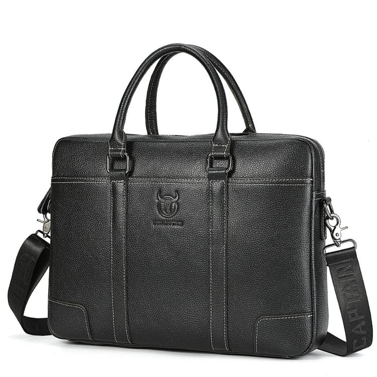Black leather briefcase with top handles, front pocket, and side crossbody strap