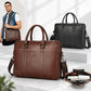 Brown and black leather briefcases with top handles and crossbody straps