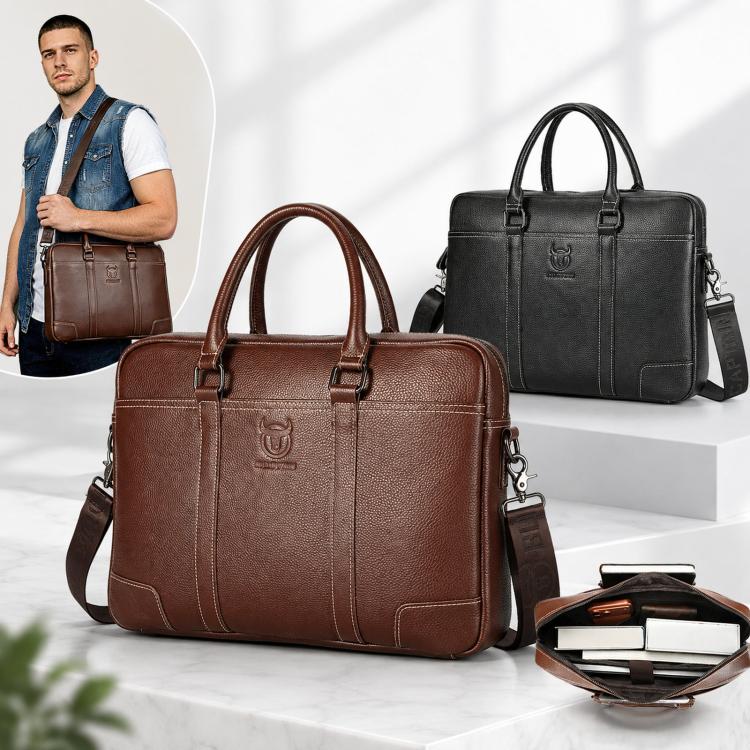 Brown and black leather briefcases with top handles and crossbody straps