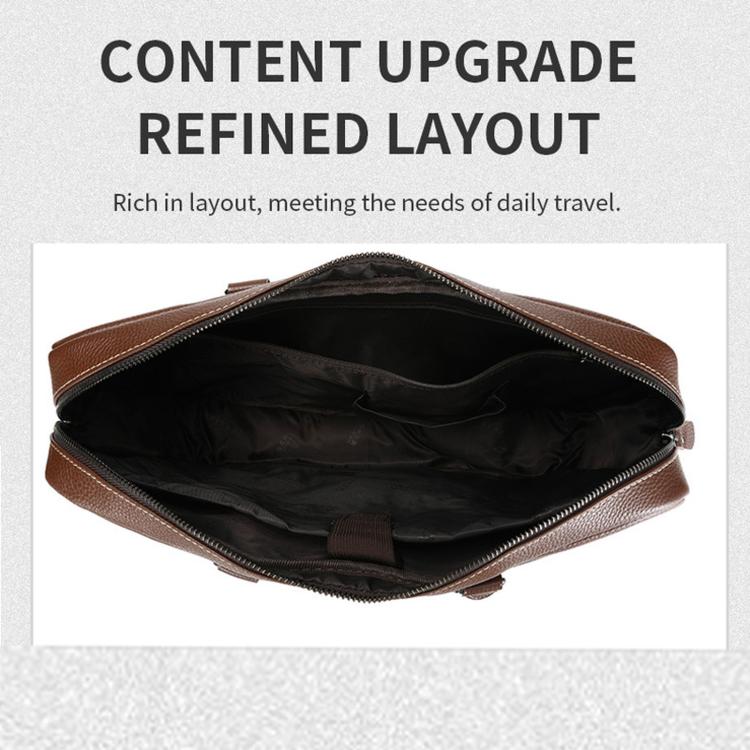 Brown leather briefcase with open top and black lined interior, zipper visible