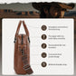 Brown leather briefcase side view with front pocket hardware and detachable shoulder strap