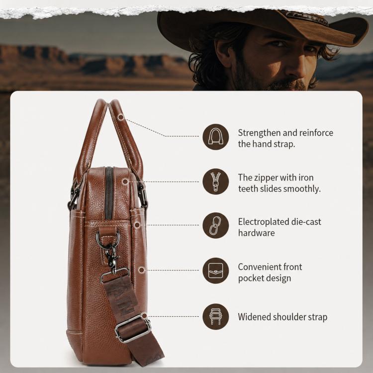 Brown leather briefcase side view with front pocket hardware and detachable shoulder strap