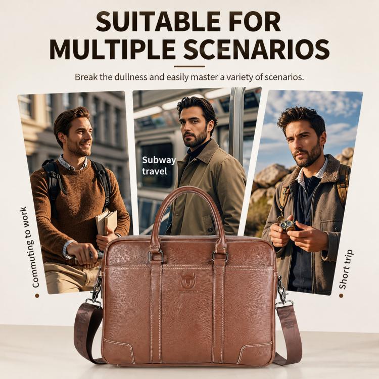 Brown leather briefcase with top handles and front pocket, centered for visibility