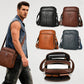 Set of leather crossbody bags in black, brown, tan, and blue with straps.