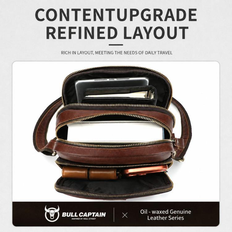 Brown leather crossbody bag open to show multiple zip compartments.
