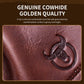 Leather crossbody bag close-up with embossed bull logo and stitched border.