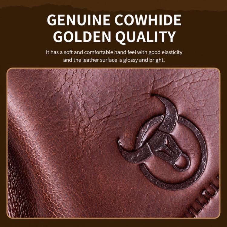 Leather crossbody bag close-up with embossed bull logo and stitched border.
