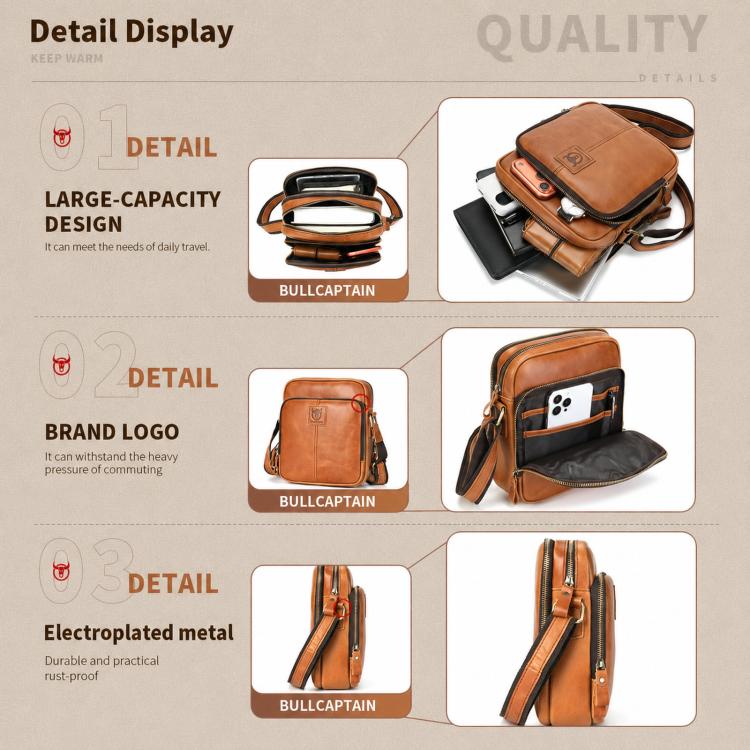 Brown leather crossbody messenger bag with logo patch, zip pockets, and shoulder strap.