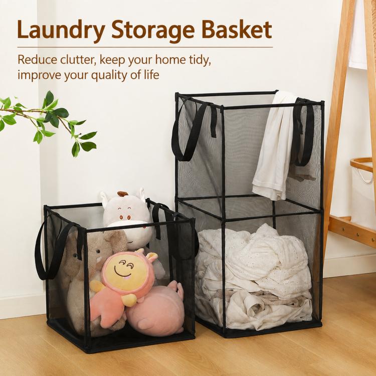 Collapsible Mesh Laundry Hamper Portable Clothes Storage Basket With Handles, Single Layer Black, Single Layer White, Single Layer Gray, Double Layer Black, Double Layer White