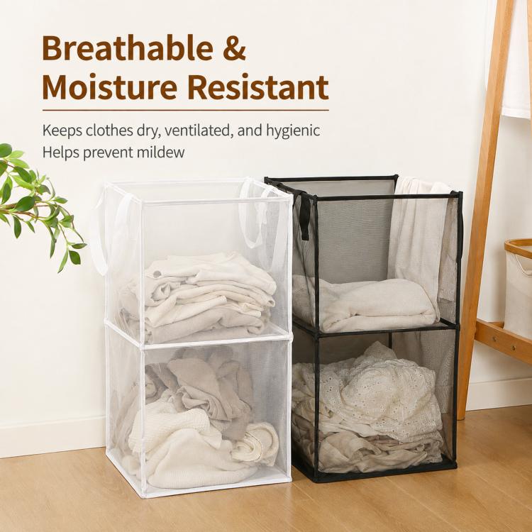Collapsible Mesh Laundry Hamper Portable Clothes Storage Basket With Handles, Single Layer Black, Single Layer White, Single Layer Gray, Double Layer Black, Double Layer White