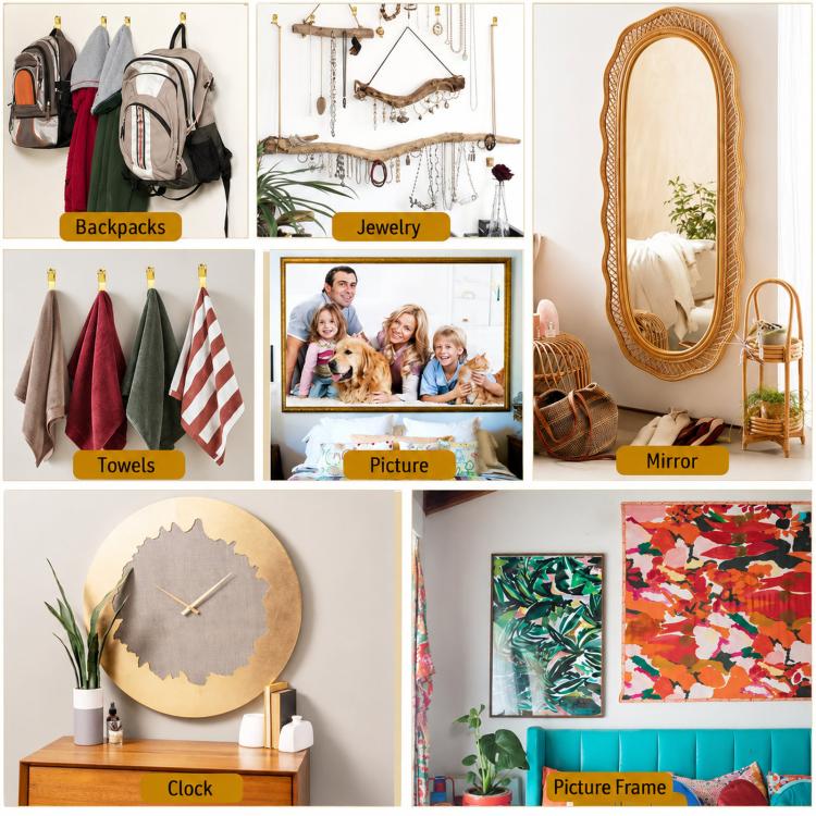 Picture hanging kit shown hanging pictures, a mirror, towels, and other wall items