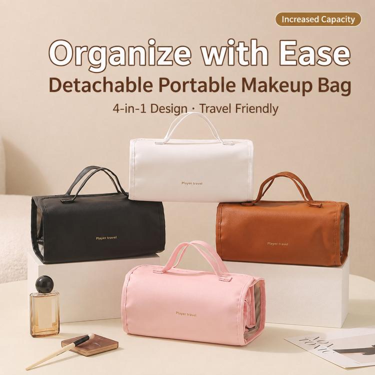 Roll-up makeup bag set in white, pink, black, and orange with clear organizers