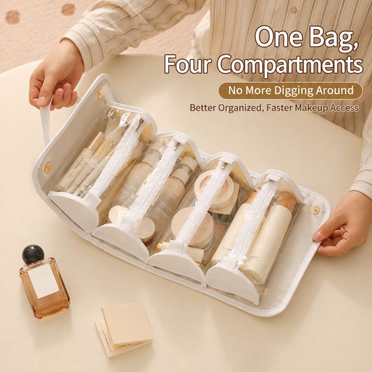White roll-up makeup organizer with four clear compartments for bottles and cosmetics