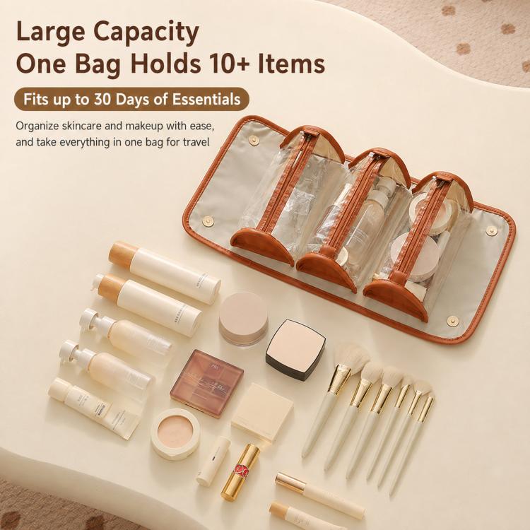 Orange roll-up makeup organizer with four clear compartments holding cosmetics bottles