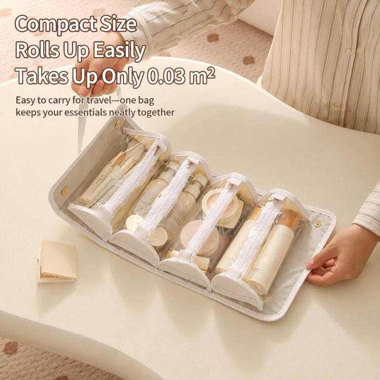 White roll-up makeup organizer tray with four clear compartments, compact folded size