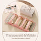 Pink roll-up makeup organizer with transparent compartments and clear bottle holders
