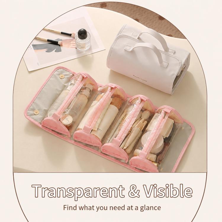 Pink roll-up makeup organizer with transparent compartments and clear bottle holders