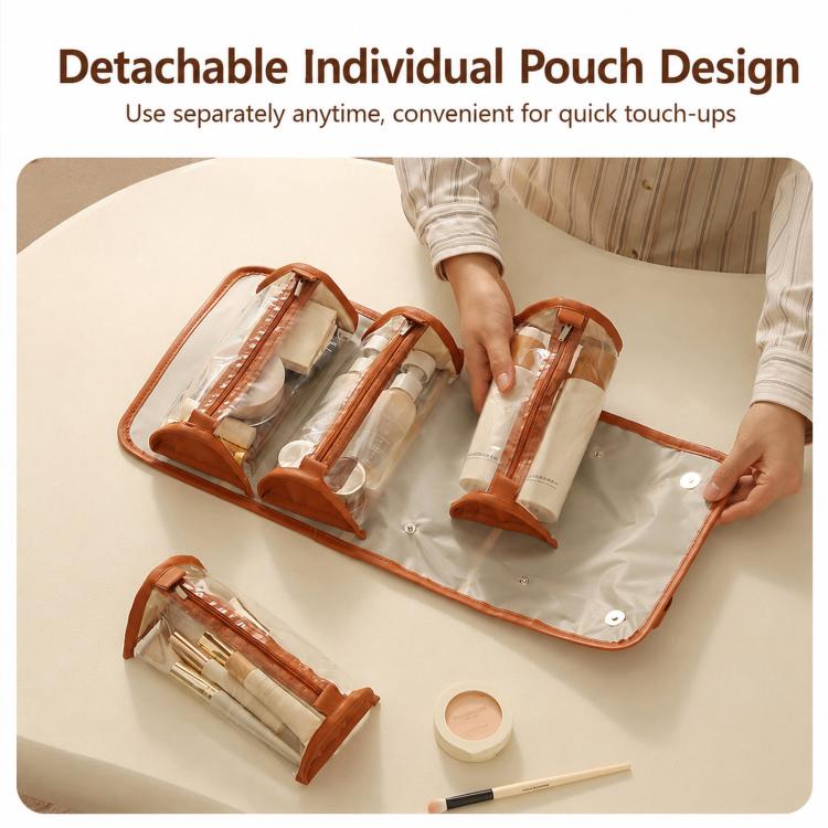 Roll-up makeup bag with detachable clear pouches, zippered organizer, brown trim