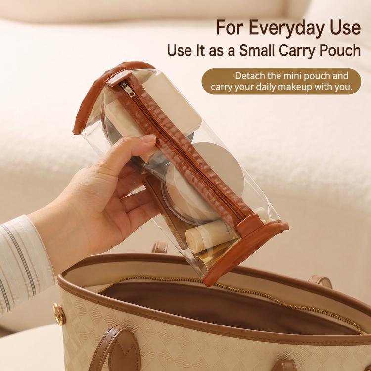 Small carry pouch opening view with detachable clear mini pouch inside, brown exterior