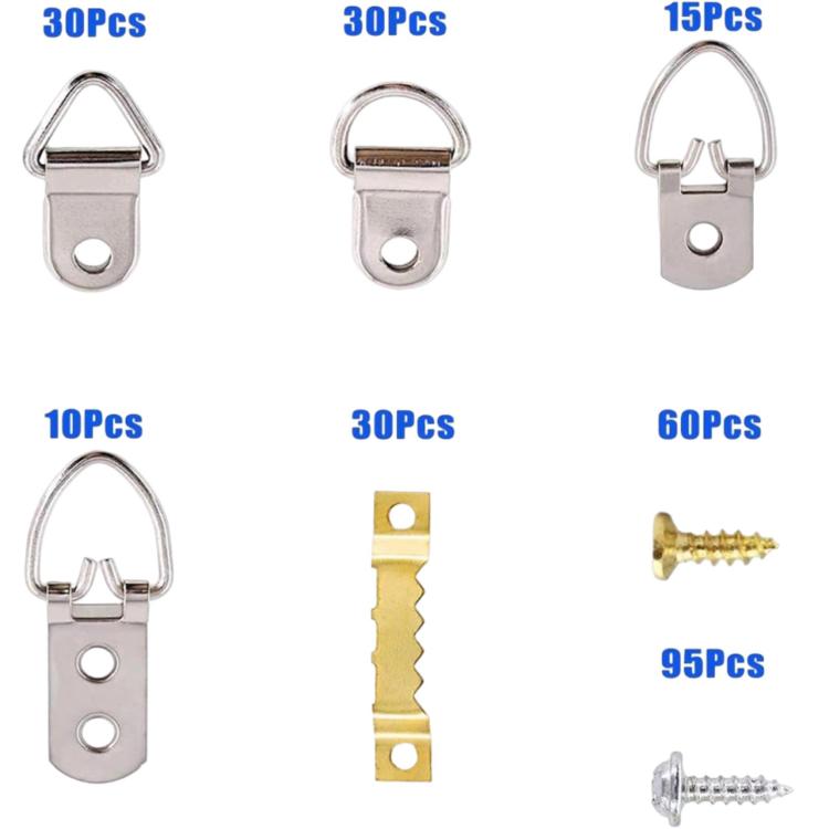 Sawtooth D-ring picture frame hooks with screws, mixed silver and gold-tone sizes