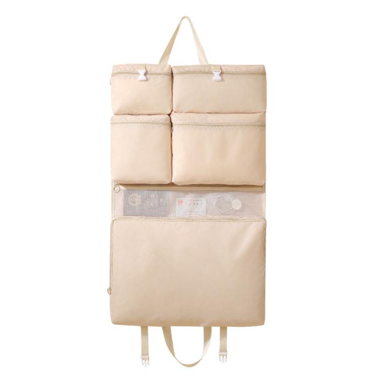 Hanging travel clothes organizer bag, beige with multiple padded compartments and hanging straps