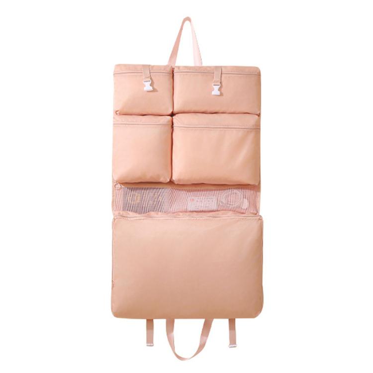 Hanging travel clothes organizer bag, pink with multiple padded compartments and hanging straps