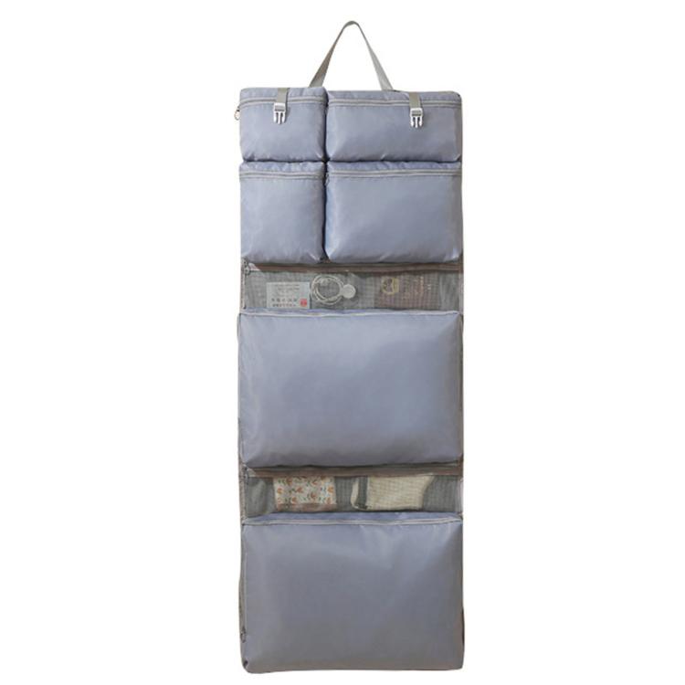 Hanging travel clothes organizer bag, slate blue with multiple padded compartments and hanging straps