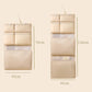 Beige hanging organizer bag with compartment layout and hanging size measurements
