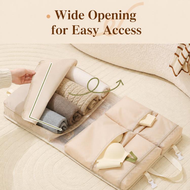 Folded hanging organizer travel bag opened wide with compartments and straps for access