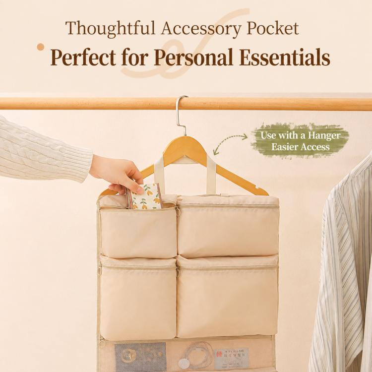 Foldable hanging travel organizer bag in beige with multiple packing compartments