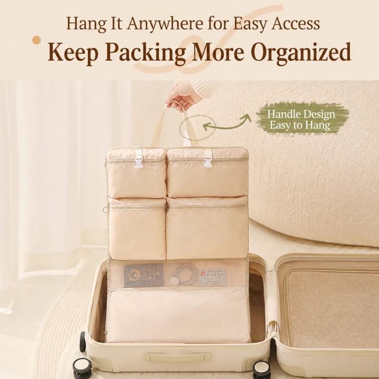 Beige hanging travel organizer bag with stacked compartments for organized packing