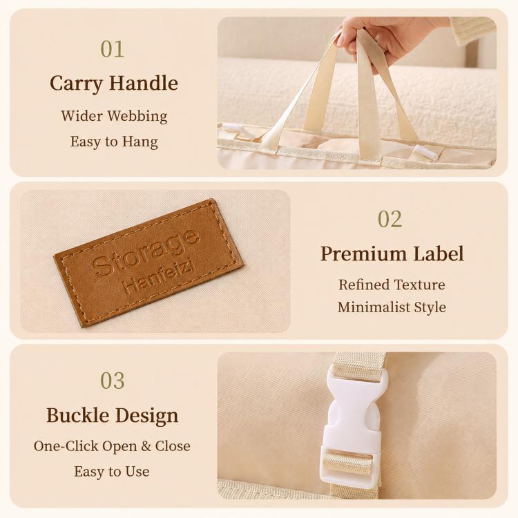 Beige hanging organizer bag with carry handle label and buckle closure