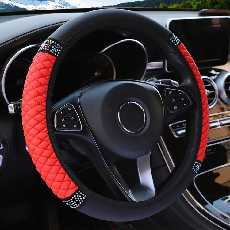 Quilted leather steering wheel cover with rhinestone trim, red