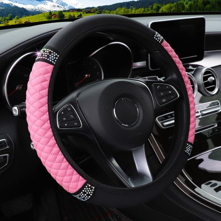 Quilted leather steering wheel cover with rhinestone trim, pink