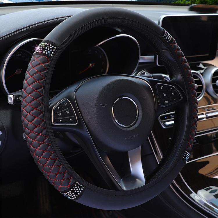 Quilted leather steering wheel cover with rhinestone trim, black and red